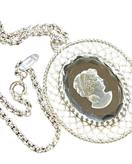 Vintage 1980s Whiting & Davis Intalgio Glass cameo silver finish Cameo necklace