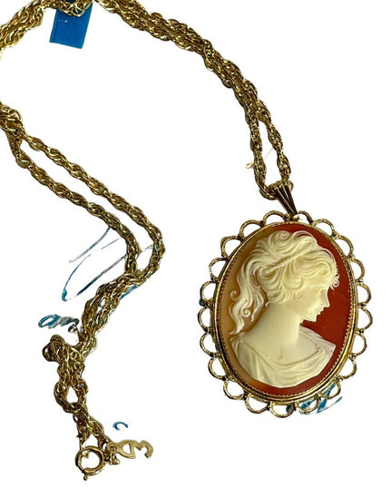 NWT Vintage Whiting & Davis large resin Cameo Pendant gold finish necklace