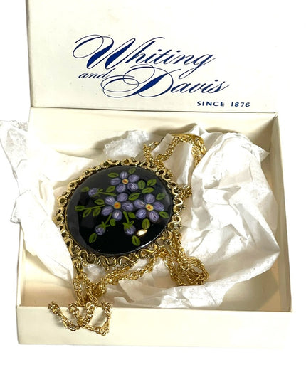 NWT Whiting & Davis Hand Painted flower pendant gold finish necklace