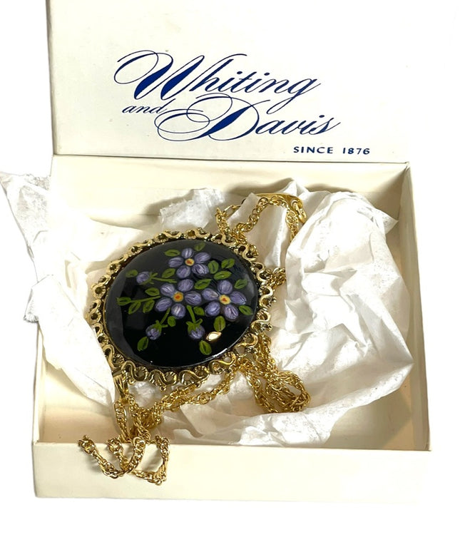 NWT Whiting & Davis Hand Painted flower pendant gold finish necklace