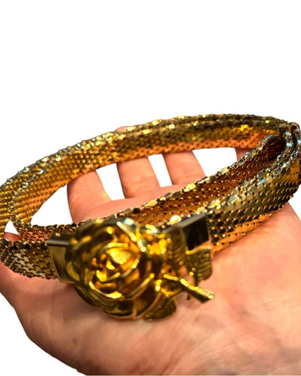 Vintage 1960s Floral & Metal Mesh Gold Rose Belt High Quality