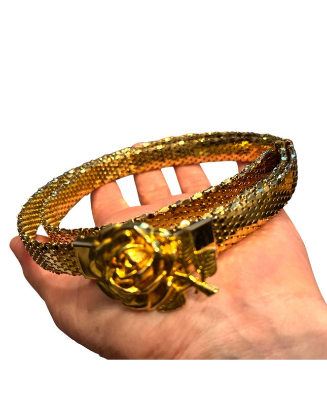 Vintage 1960s Floral & Metal Mesh Gold Rose Belt High Quality