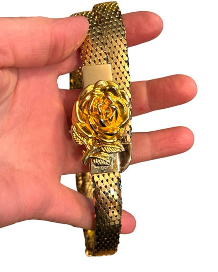 Vintage 1960s Floral & Metal Mesh Gold Rose Belt High Quality
