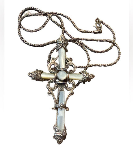 Antique Sterling silver 925 ornate marcasite cross necklace with wheat chain