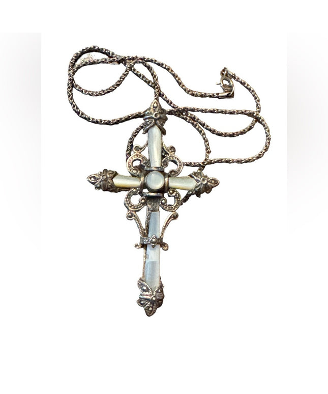 Antique Sterling silver 925 ornate marcasite cross necklace with wheat chain
