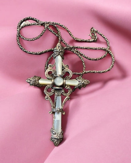 Antique Sterling silver 925 ornate marcasite cross necklace with wheat chain
