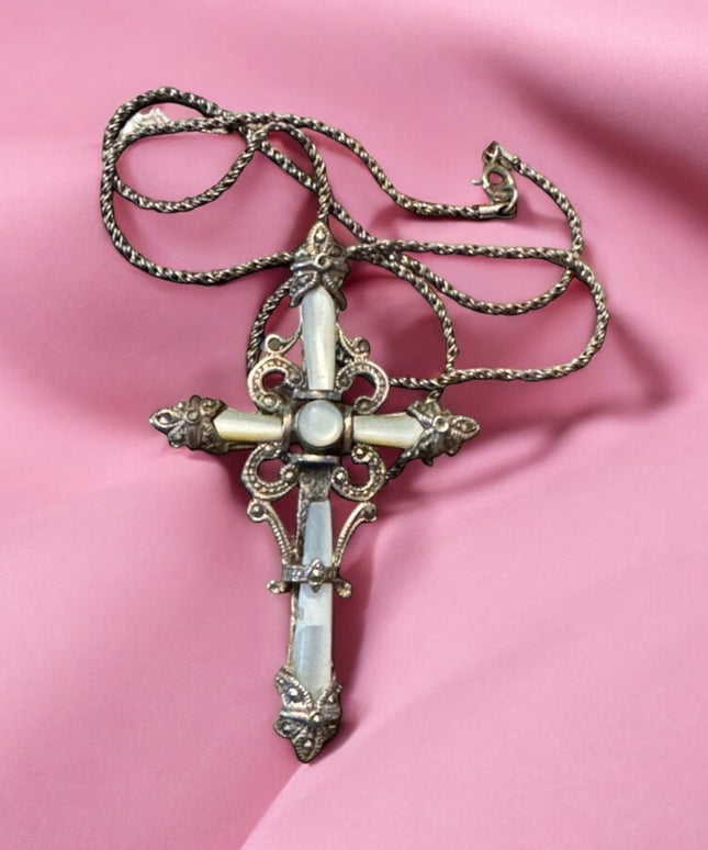 Antique Sterling silver 925 ornate marcasite cross necklace with wheat chain
