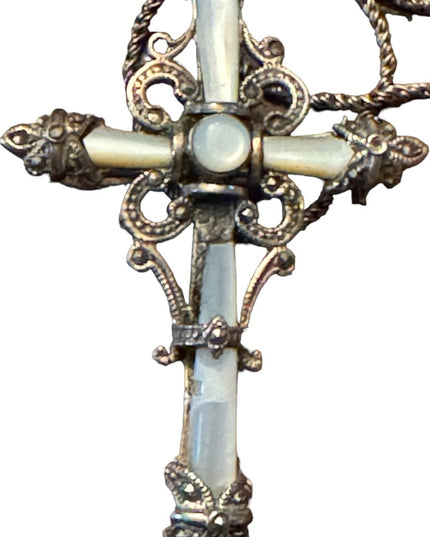 Antique Sterling silver 925 ornate marcasite cross necklace with wheat chain