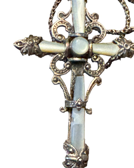 Antique Sterling silver 925 ornate marcasite cross necklace with wheat chain