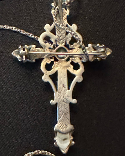 Antique Sterling silver 925 ornate marcasite cross necklace with wheat chain