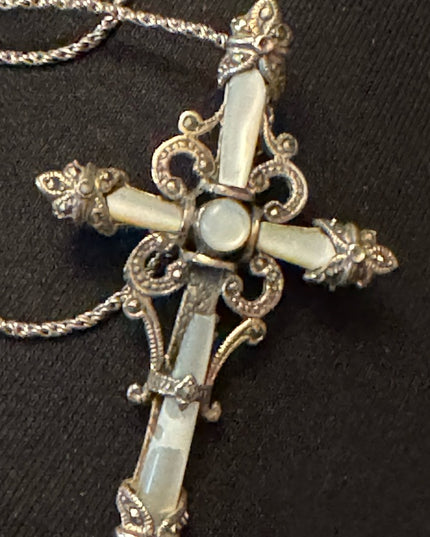 Antique Sterling silver 925 ornate marcasite cross necklace with wheat chain