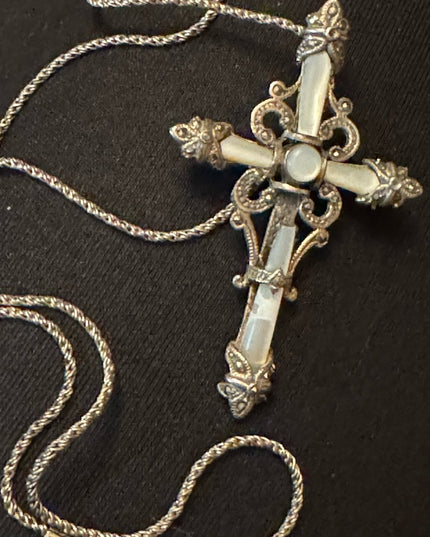 Antique Sterling silver 925 ornate marcasite cross necklace with wheat chain