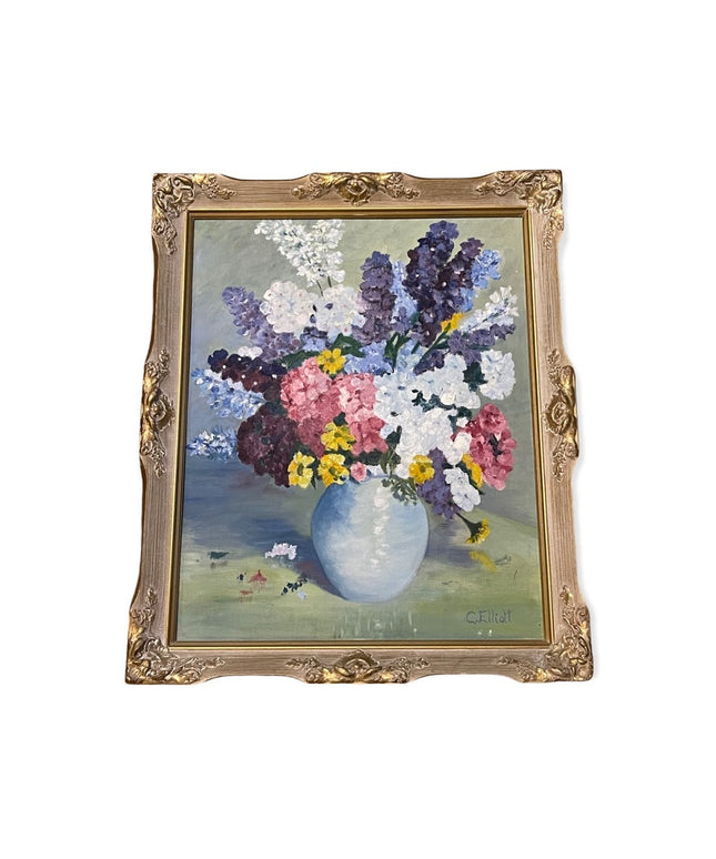 Vintage C Elliot Colorful flower oil painting on board wood ornate frame