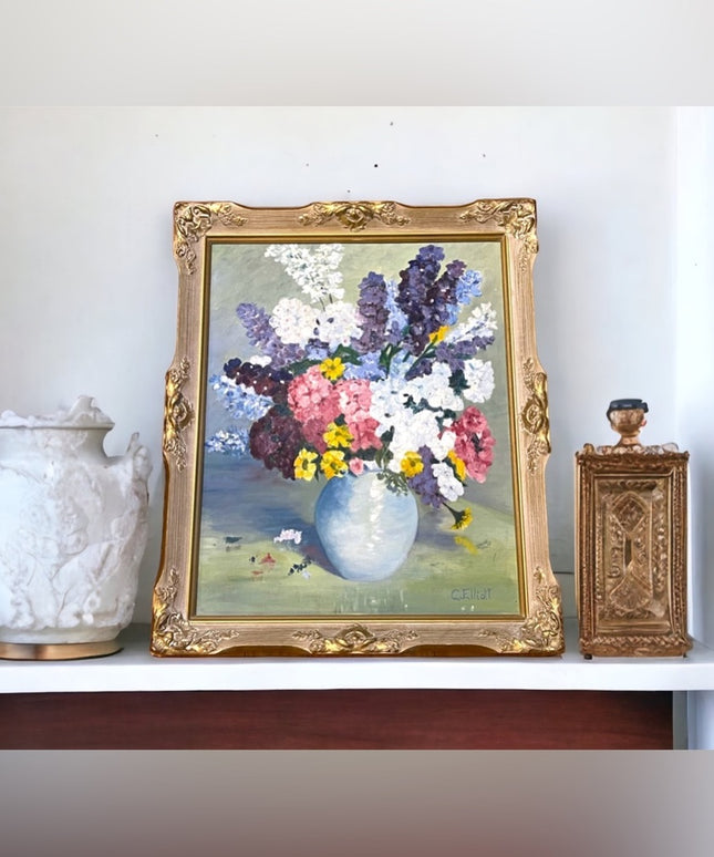 Vintage C Elliot Colorful flower oil painting on board wood ornate frame