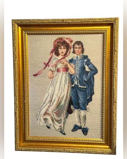 Vintage Pinky & Blue Boy Needlepoint Picture Art Gold Gilt Frame