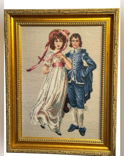 Vintage Pinky & Blue Boy Needlepoint Picture Art Gold Gilt Frame