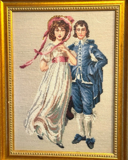 Vintage Pinky & Blue Boy Needlepoint Picture Art Gold Gilt Frame