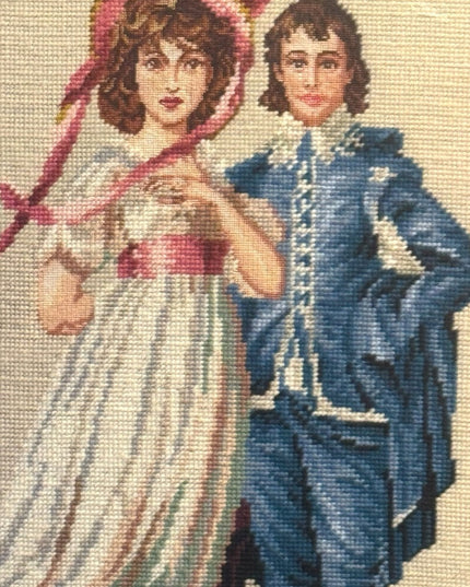 Vintage Pinky & Blue Boy Needlepoint Picture Art Gold Gilt Frame