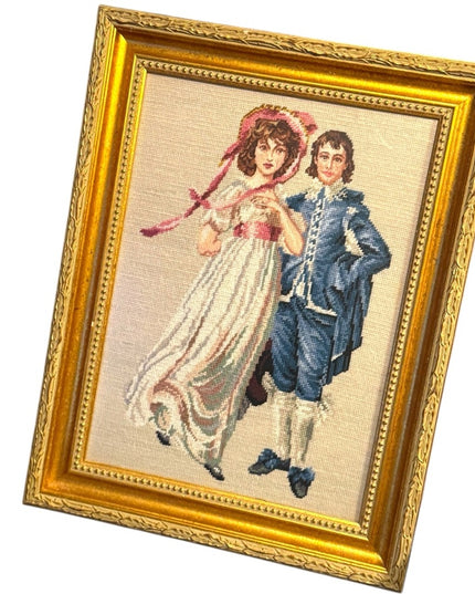 Vintage Pinky & Blue Boy Needlepoint Picture Art Gold Gilt Frame