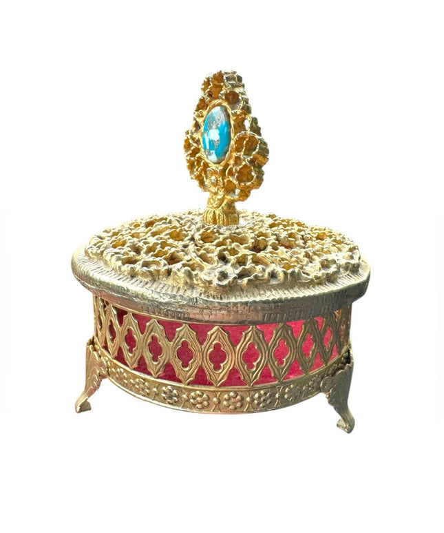 Gold Hollywood Regency Decorative Metal Ornate Jewelry Box Trinket Vintage