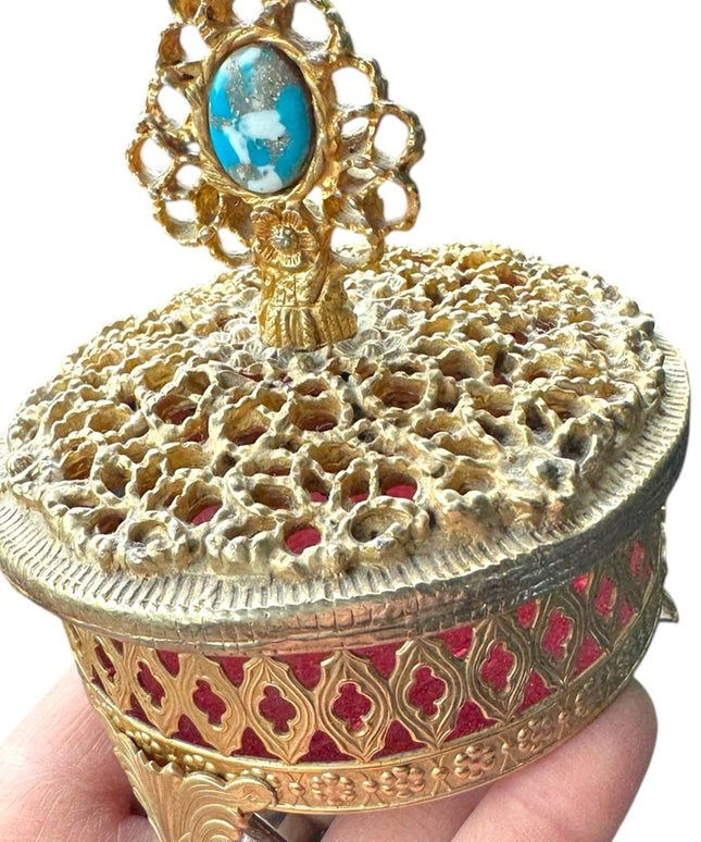 Gold Hollywood Regency Decorative Metal Ornate Jewelry Box Trinket Vintage