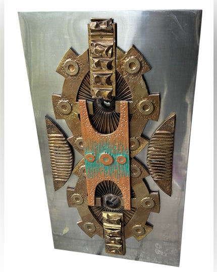 Vintage 1970s Brutalist Mixed Media Metal Abstract Wall Art Signed By Artist