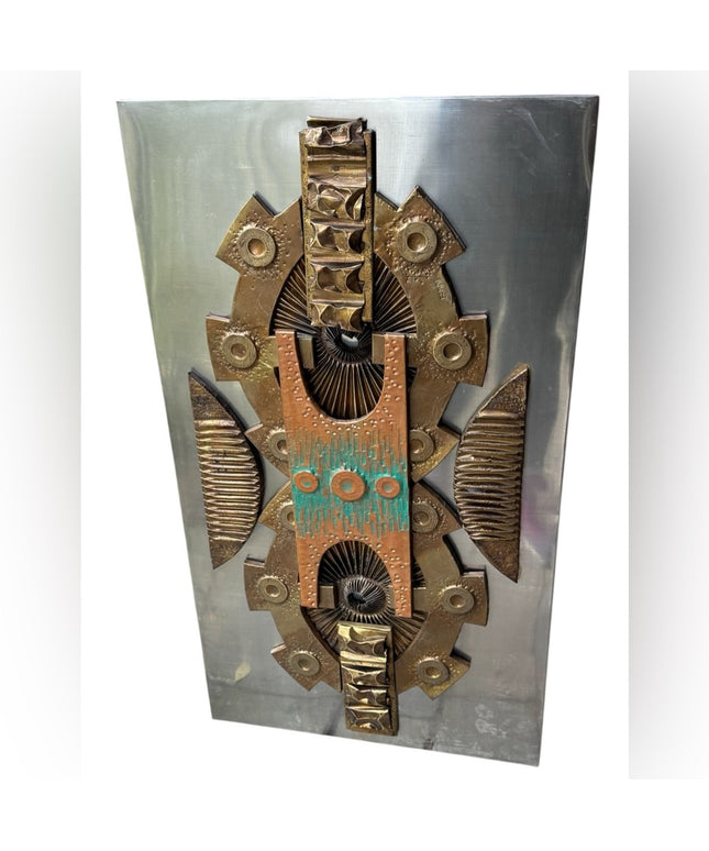 Vintage 1970s Brutalist Mixed Media Metal Abstract Wall Art Signed By Artist