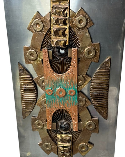 Vintage 1970s Brutalist Mixed Media Metal Abstract Wall Art Signed By Artist