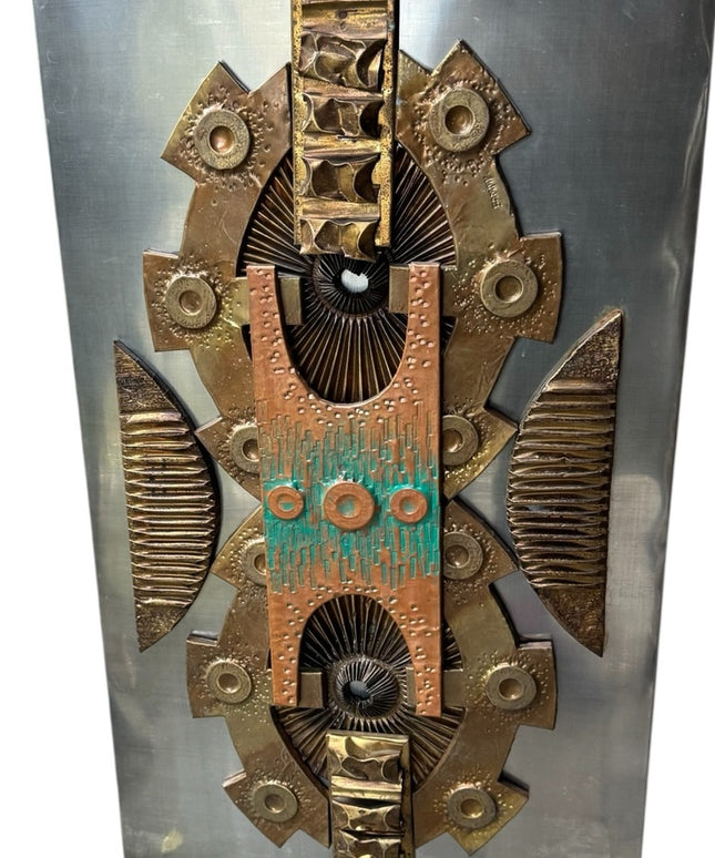 Vintage 1970s Brutalist Mixed Media Metal Abstract Wall Art Signed By Artist