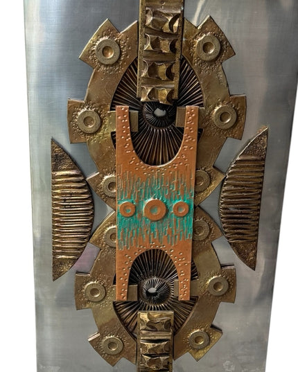 Vintage 1970s Brutalist Mixed Media Metal Abstract Wall Art Signed By Artist
