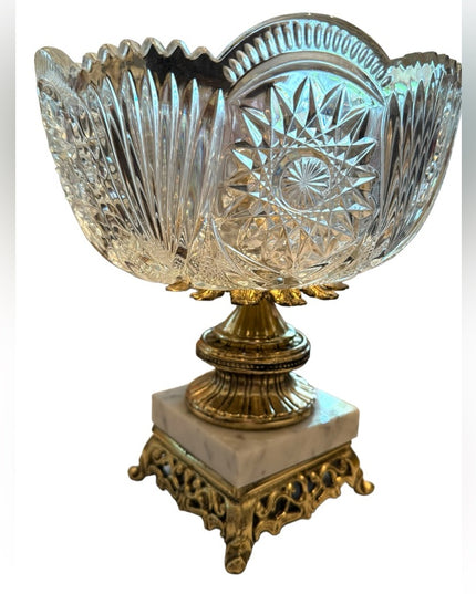 MCM Hollywood Regency Cut Crystal Centerpiece Bowl Brass Italian Marble Base
