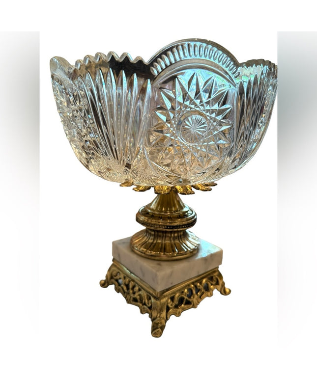 MCM Hollywood Regency Cut Crystal Centerpiece Bowl Brass Italian Marble Base