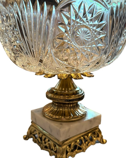 MCM Hollywood Regency Cut Crystal Centerpiece Bowl Brass Italian Marble Base