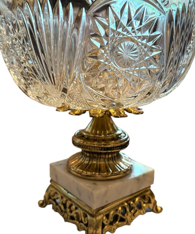 MCM Hollywood Regency Cut Crystal Centerpiece Bowl Brass Italian Marble Base
