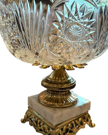 MCM Hollywood Regency Cut Crystal Centerpiece Bowl Brass Italian Marble Base