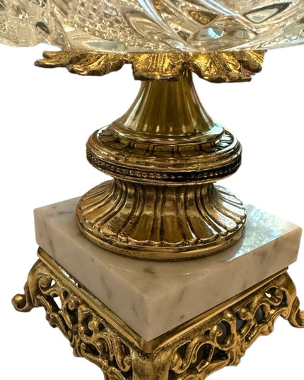 MCM Hollywood Regency Cut Crystal Centerpiece Bowl Brass Italian Marble Base