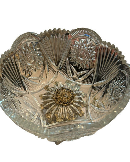 MCM Hollywood Regency Cut Crystal Centerpiece Bowl Brass Italian Marble Base