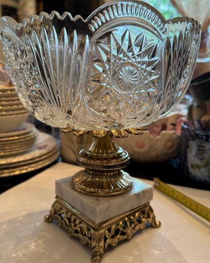 MCM Hollywood Regency Cut Crystal Centerpiece Bowl Brass Italian Marble Base