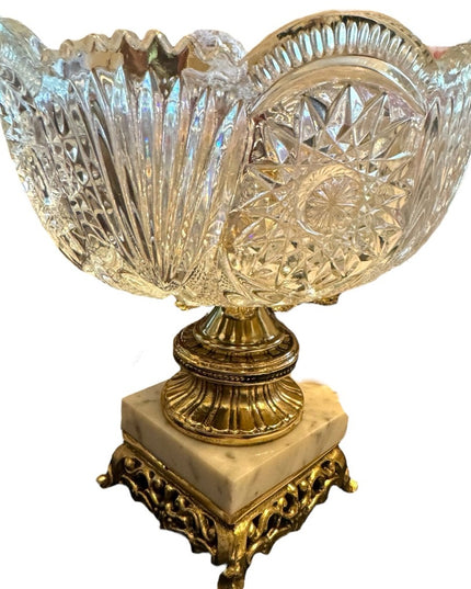 MCM Hollywood Regency Cut Crystal Centerpiece Bowl Brass Italian Marble Base