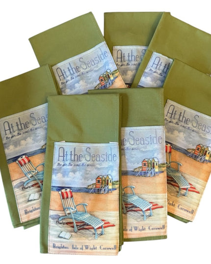 At the Seaside Brighton Beach Canada Green Dinner Lunch Napkins Set w pocket