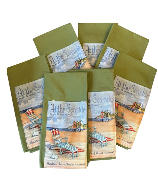 At the Seaside Brighton Beach Canada Green Dinner Lunch Napkins Set w pocket