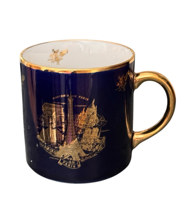Elegant Vintage Limoges Eiffel Tower Like new Gold and Blue Souvenir Mug