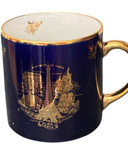 Elegant Vintage Limoges Eiffel Tower Like new Gold and Blue Souvenir Mug