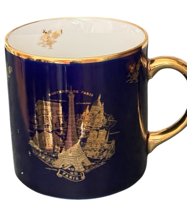 Elegant Vintage Limoges Eiffel Tower Like new Gold and Blue Souvenir Mug