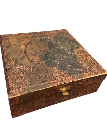 Antique wooden Handmade carved Wooden Jewelry Box with Grape Leaf Design