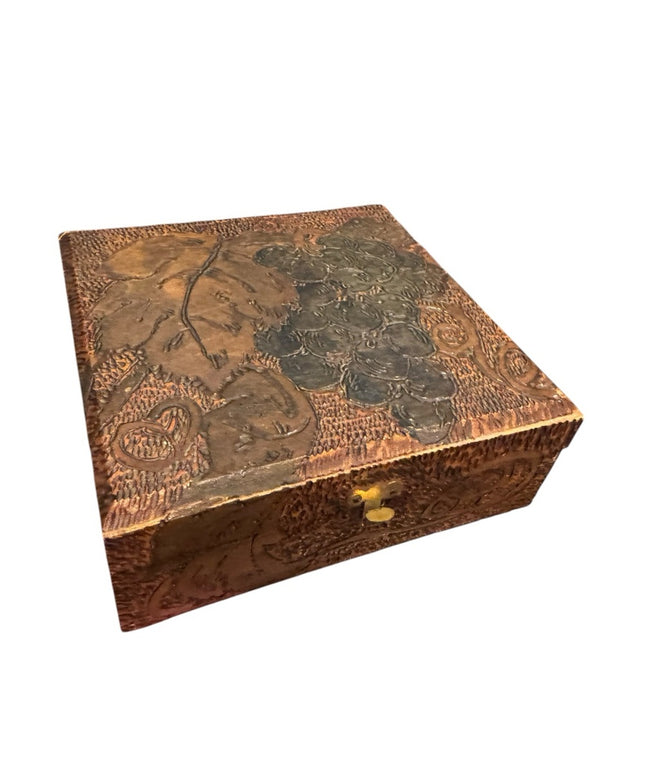 Antique wooden Handmade carved Wooden Jewelry Box with Grape Leaf Design