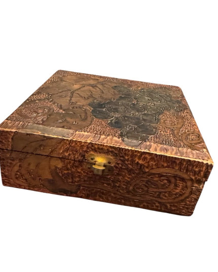 Antique wooden Handmade carved Wooden Jewelry Box with Grape Leaf Design