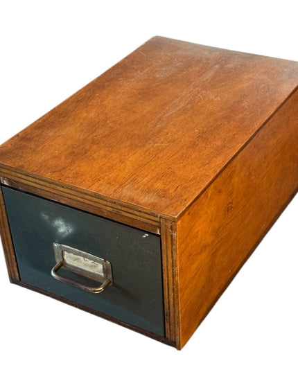 Antique Solid OAK Wooden File Storage Box metal Drawer handmade Card Caralog