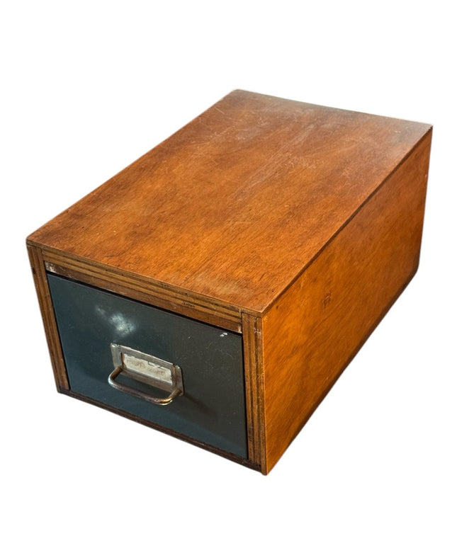 Antique Solid OAK Wooden File Storage Box metal Drawer handmade Card Caralog