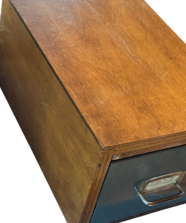Antique Solid OAK Wooden File Storage Box metal Drawer handmade Card Caralog